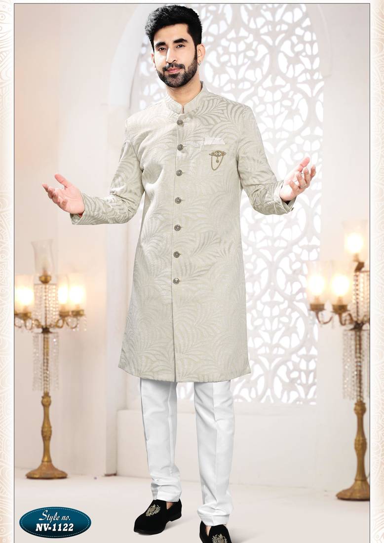 Men's golden woven jacquard self design in fabric kurta set