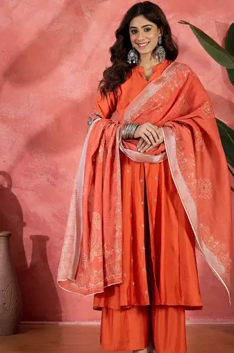 Orange chanderi silk embroidered readymade palazzo dress