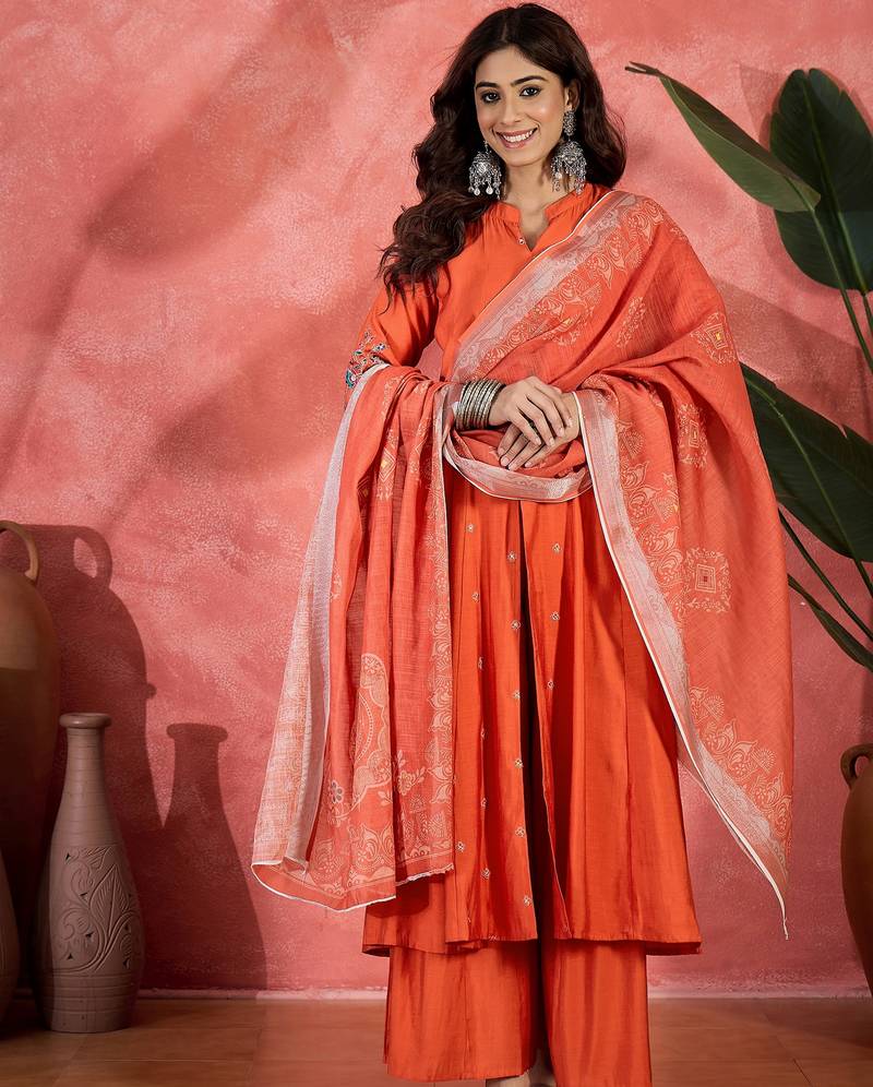 Orange chanderi silk embroidered readymade palazzo dress