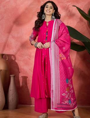 Pink chanderi silk embroidered readymade palazzo dress 1