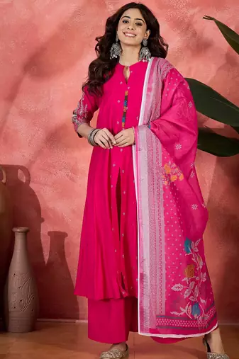 Pink chanderi silk embroidered readymade palazzo dress
