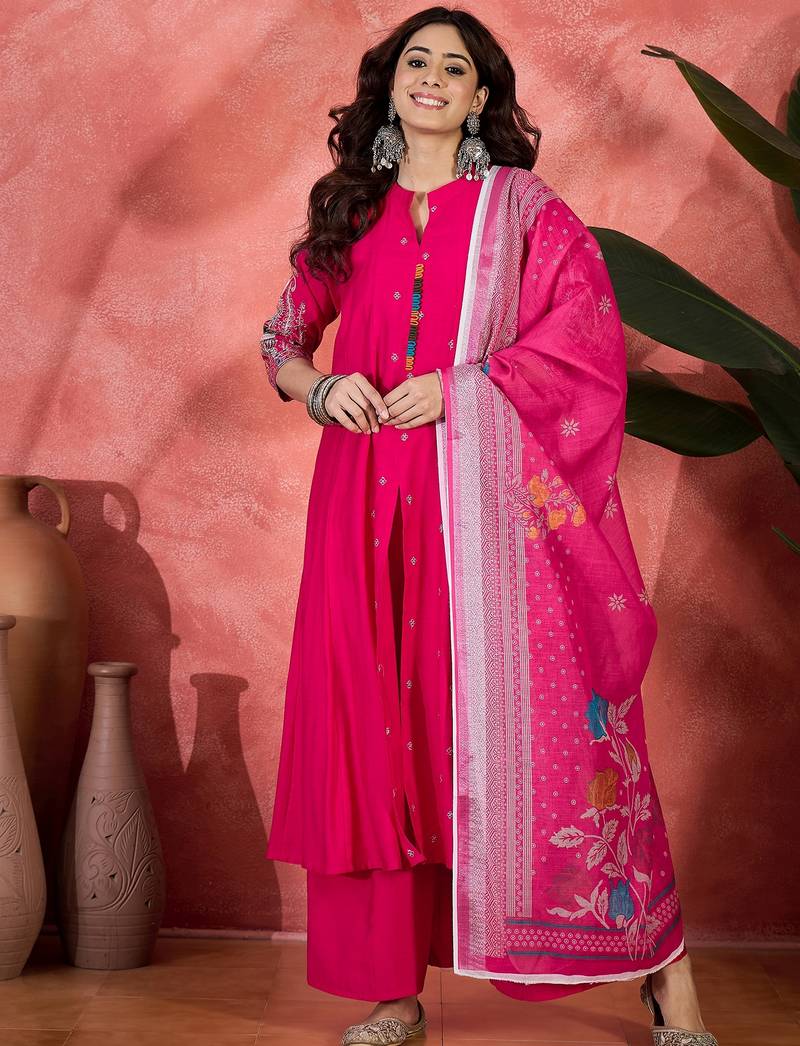 Pink chanderi silk embroidered readymade palazzo dress