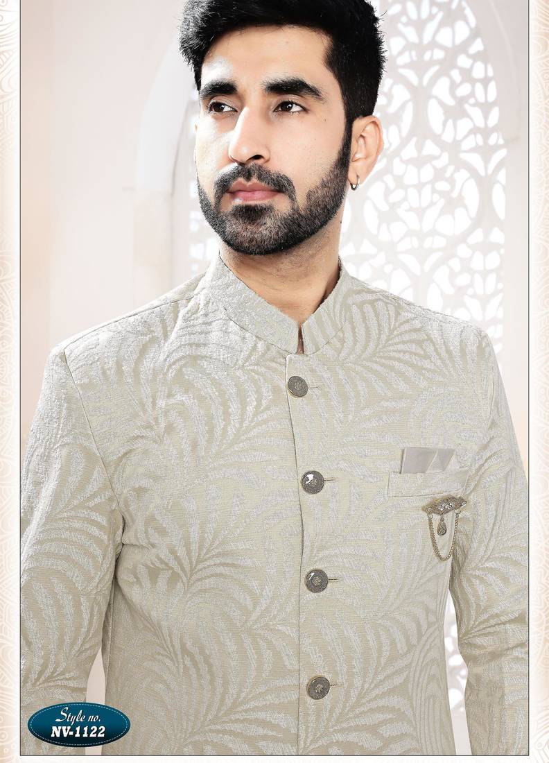Men's golden woven jacquard self design in fabric kurta set