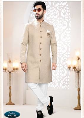 Men's golden woven jacquard self design in fabric kurta set 1