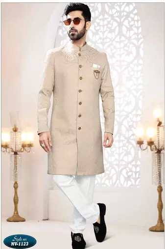 Men's golden woven jacquard self design in fabricSherwani set