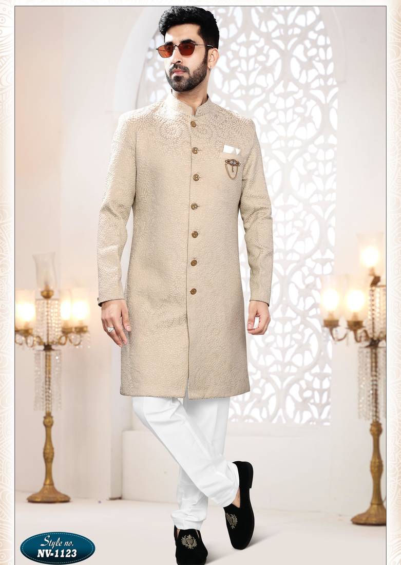Men's golden woven jacquard self design in fabric kurta set