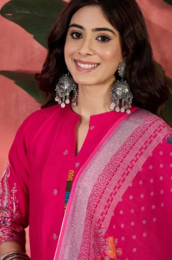 Pink chanderi silk embroidered readymade palazzo dress
