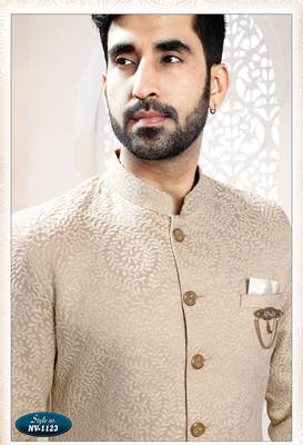 Men's golden woven jacquard self design in fabric kurta set 3