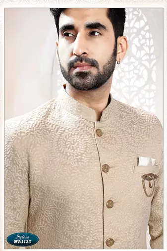Men's golden woven jacquard self design in fabric kurta set
