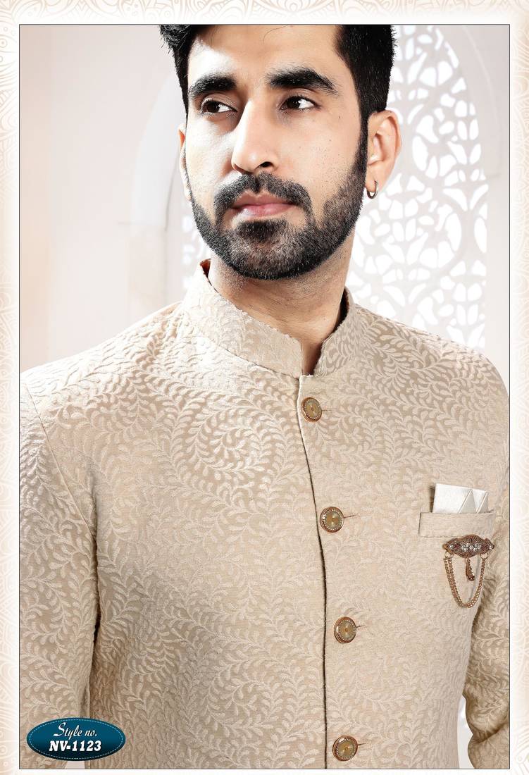 Men's golden woven jacquard self design in fabric kurta set