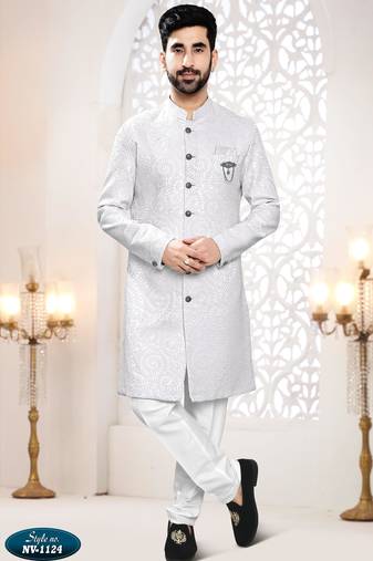 Men's white woven jacquard self design in fabricSherwani set