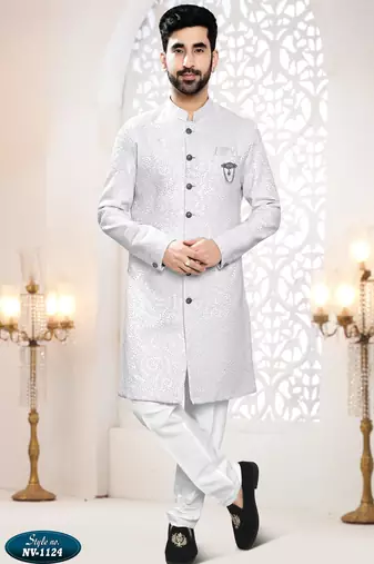 Men's white woven jacquard self design in fabric kurta set