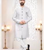 Men's white woven jacquard self design in fabric kurta set
