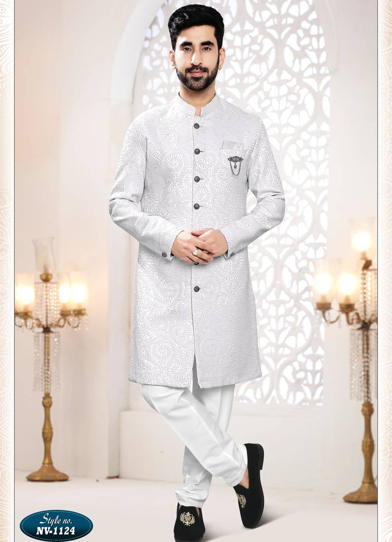 Men's white woven jacquard self design in fabric kurta set