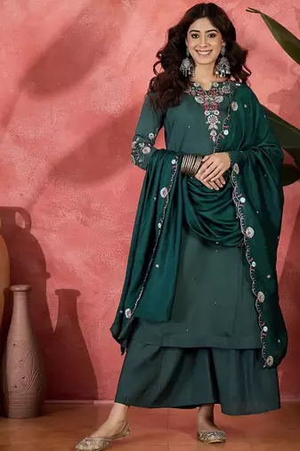 Green chanderi silk embroidered readymade palazzo dress