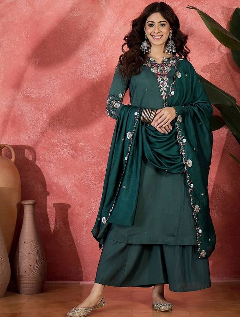 Green chanderi silk embroidered readymade palazzo dress