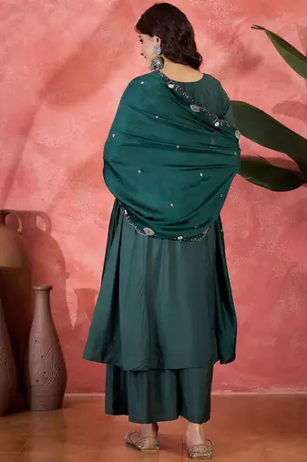 Green chanderi silk embroidered readymade palazzo dress