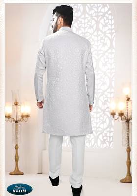 Men's white woven jacquard self design in fabric kurta set 2