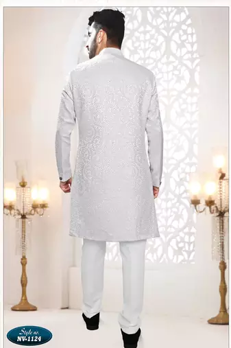 Men's white woven jacquard self design in fabric kurta set
