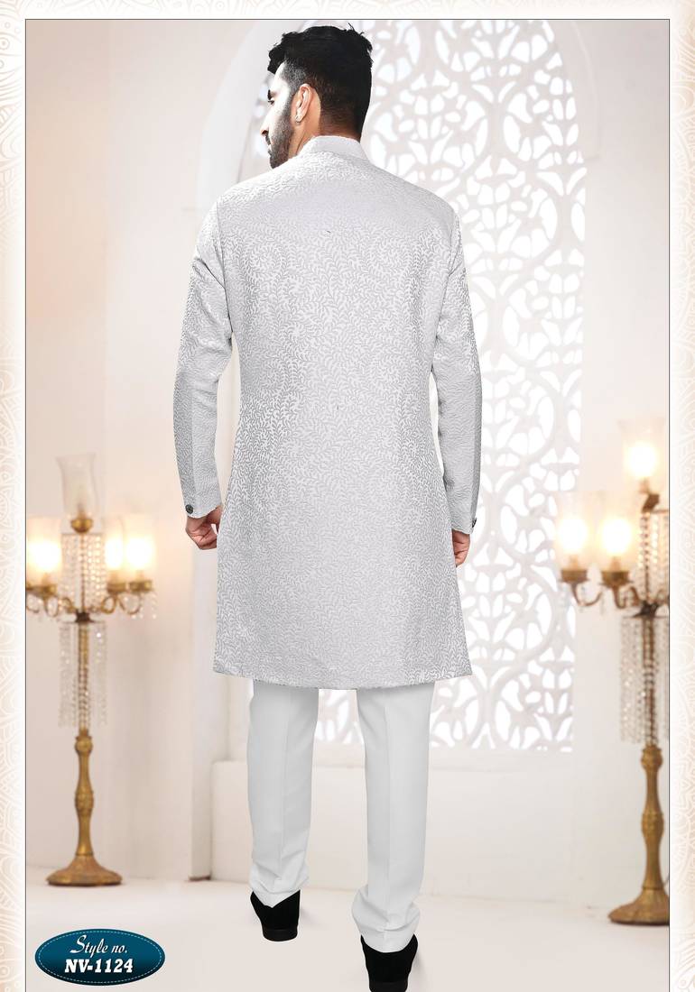 Men's white woven jacquard self design in fabric kurta set