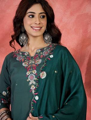 Green chanderi silk embroidered readymade palazzo dress 3