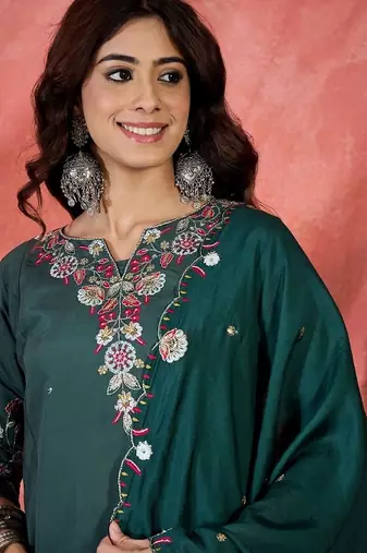Green chanderi silk embroidered readymade palazzo dress