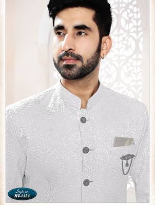 Men's white woven jacquard self design in fabric kurta set 3