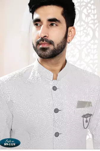 Men's white woven jacquard self design in fabric kurta set