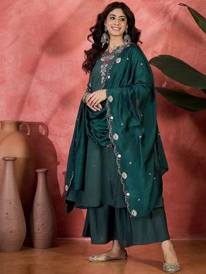 Green chanderi silk embroidered readymade palazzo dress 4