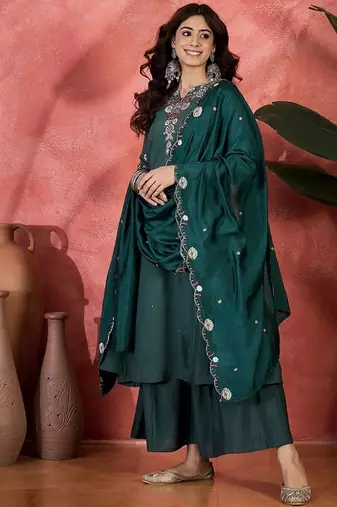 Green chanderi silk embroidered readymade palazzo dress