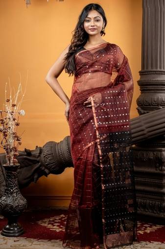 brown hand woven silk blend cotton bengal handloom all seasons sarees