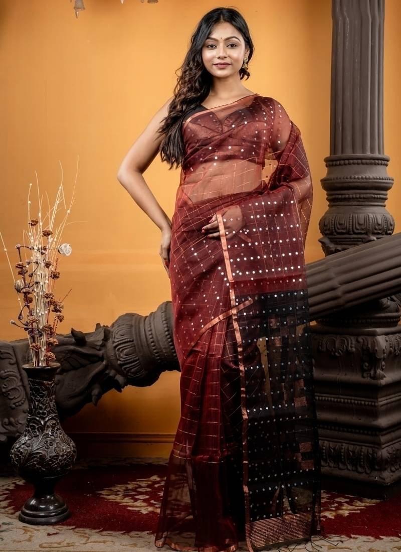 brown hand woven silk blend cotton bengal handloom all seasons sarees
