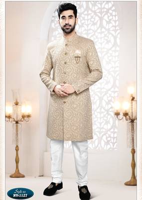 Men's gold woven jacquard self design in fabric kurta set 1