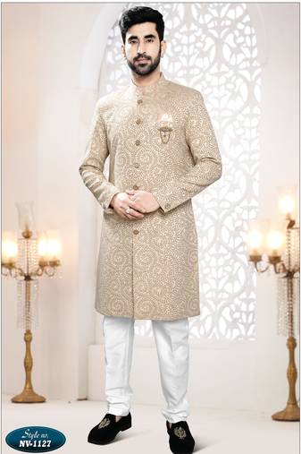 Men's gold woven jacquard self design in fabric kurta set