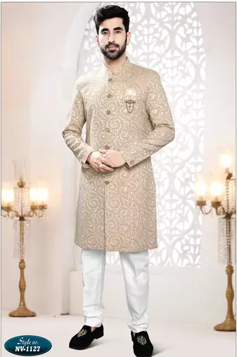 Men's gold woven jacquard self design in fabricSherwani set