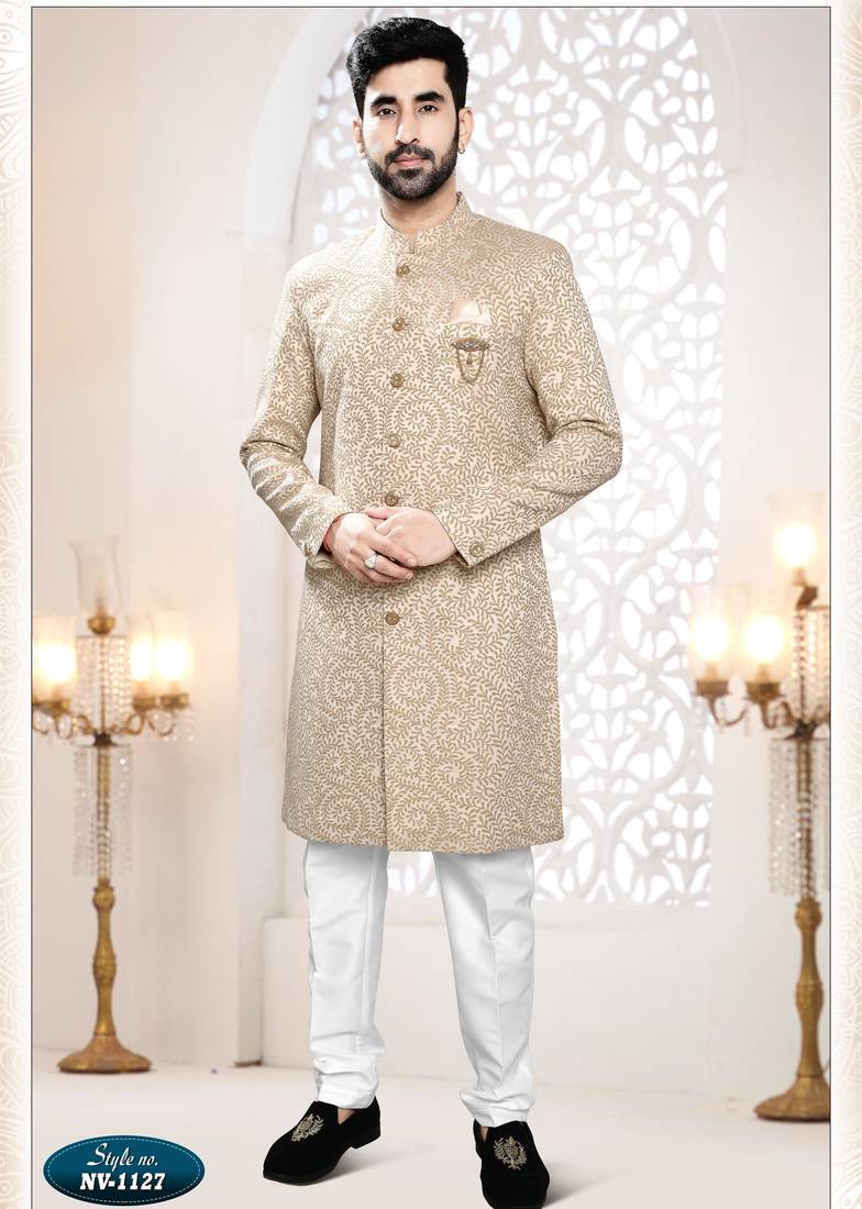 Men's gold woven jacquard self design in fabric kurta set