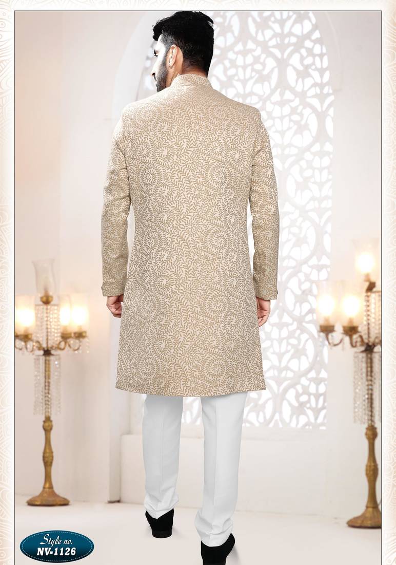 Men's gold woven jacquard self design in fabric kurta set