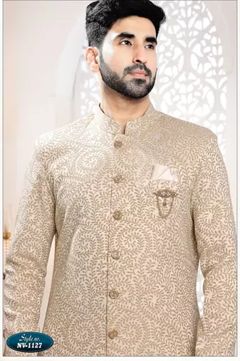 Men's gold woven jacquard self design in fabric kurta set