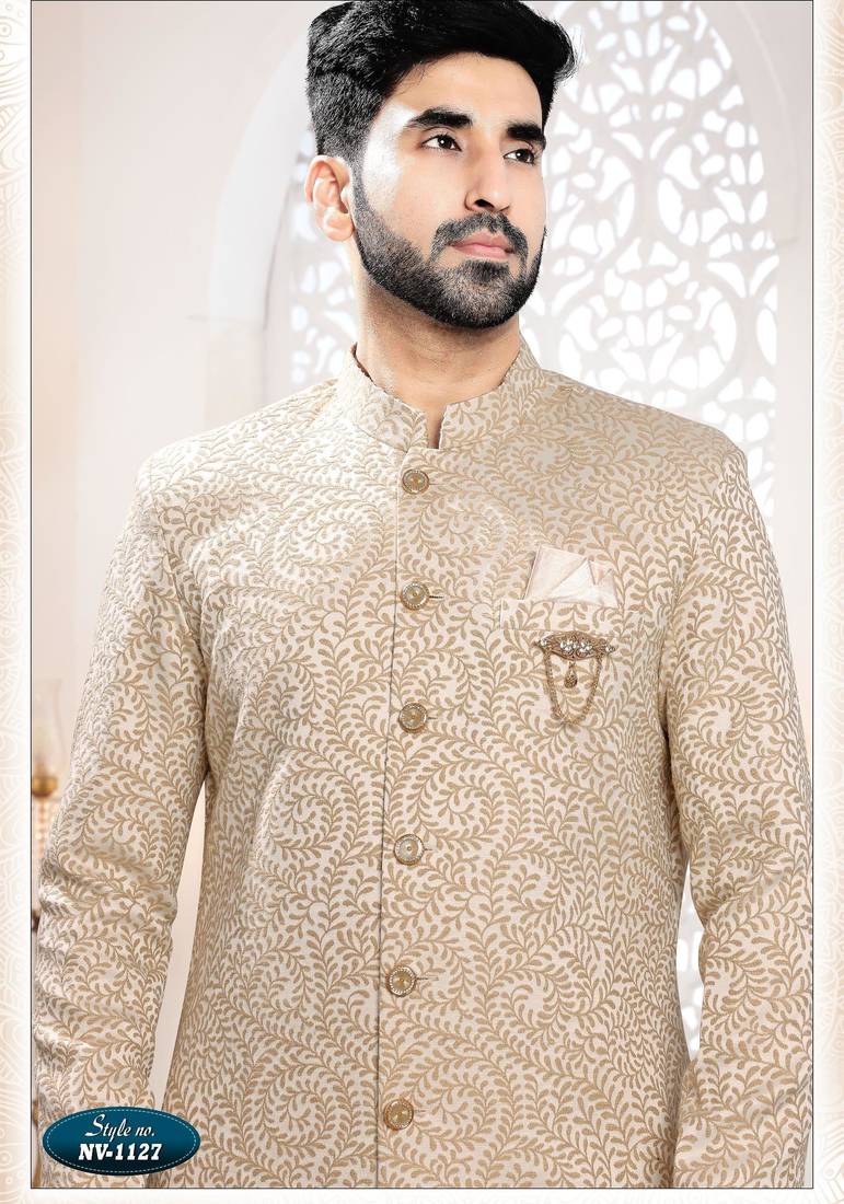 Men's gold woven jacquard self design in fabric kurta set