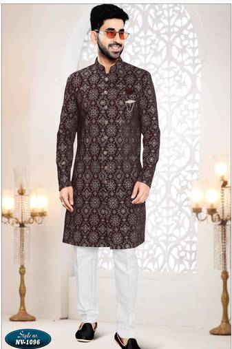 Men's maroon velvet all over  kurta set