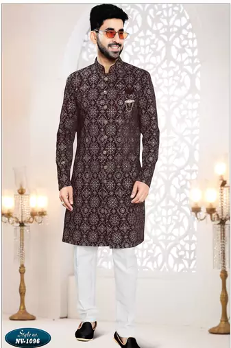 Men's maroon velvet all over  kurta set