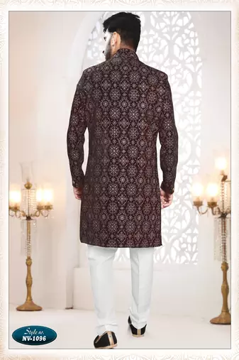 Men's maroon velvet all over  kurta set