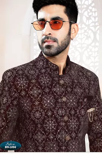Men's maroon velvet all over  kurta set