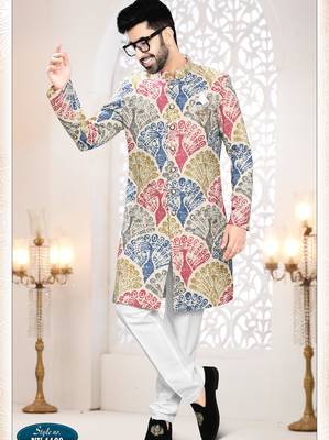 Men's cream linen self print design in fabric kurta set 1