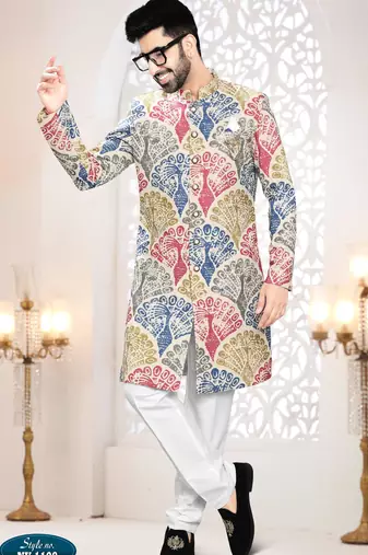 Men's cream linen self print design in fabricSherwani set