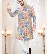 Men's cream linen self print design in fabricSherwani set