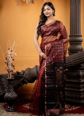 brown hand woven silk blend cotton bengal handloom all seasons sarees 2