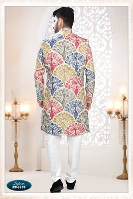Men's cream linen self print design in fabric kurta set 2