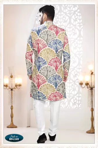 Men's cream linen self print design in fabric kurta set