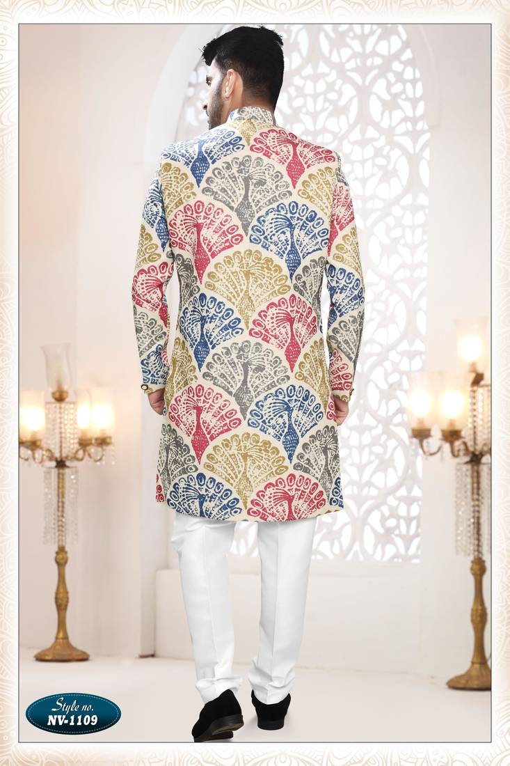 Men's cream linen self print design in fabricSherwani set